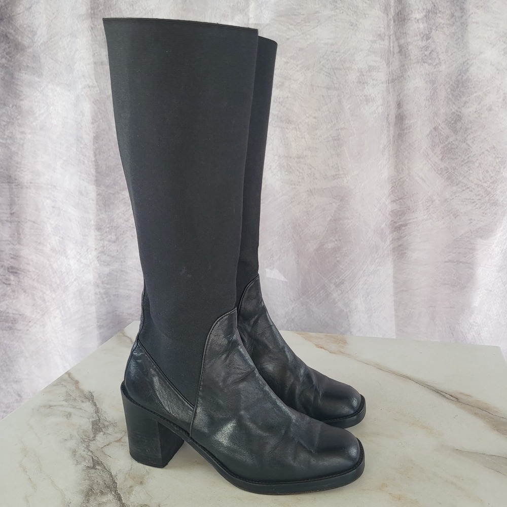 Focus Women's Size 7.5 B Square Toe Knee High Leather Boots Black Strech Zip